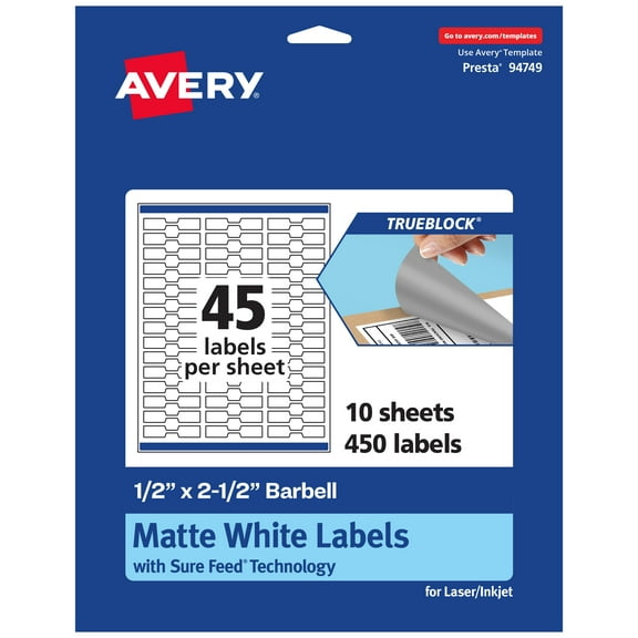 Avery TrueBlock Barbell Labels, 0.5" x 2.5", 450ct