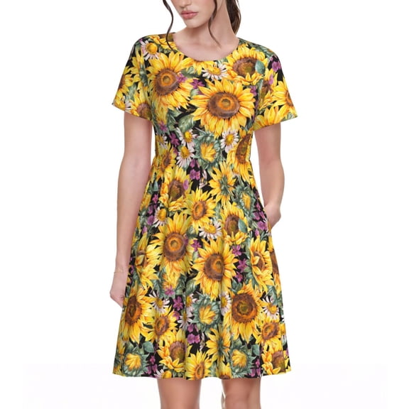 Vsdgher Sunflowers Vintage for Womens Summer 2025 Casual Midi Maxi Dresses Lightweight Short Sleeve Round Neck Beach Dress -XX-Large