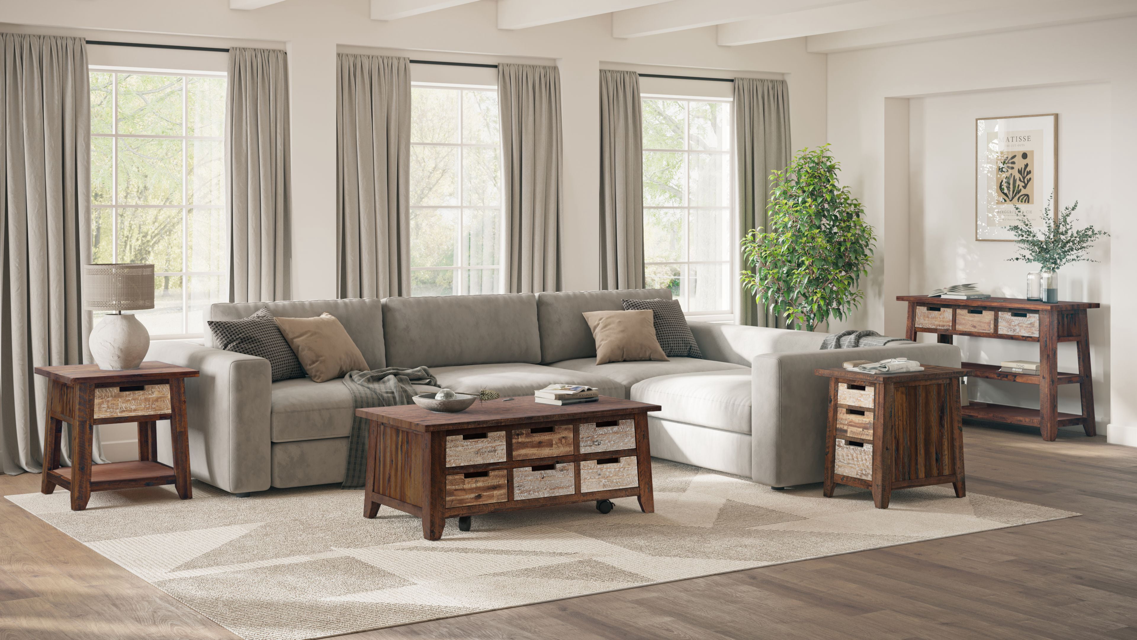 Jofran Painted Canyon Rustic Solid Acacia Box Coffee Table with Pull-Through Drawers and Caster Wheels