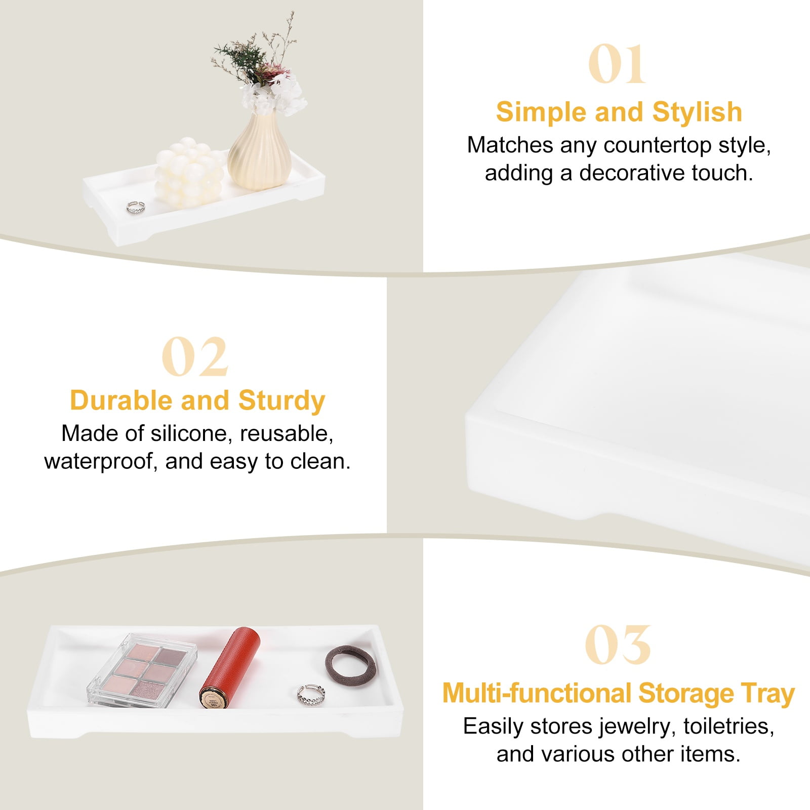 Uxcell Silicone Bathroom Tray, 10" x 4.1" Rectangular Vanity Tray for Dresser Top, Toilet, Small Tray for Soap Dispenser Lotion Bottles Perfume Jewelry Candle, White