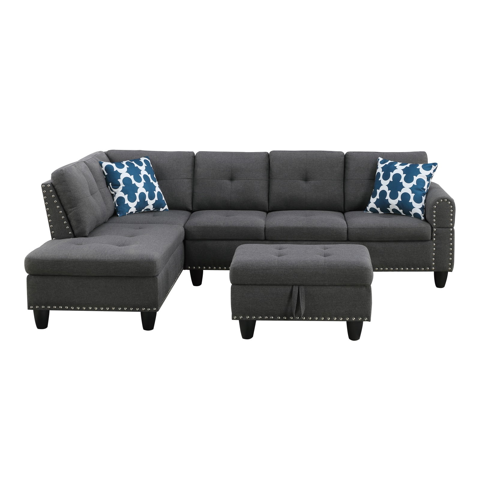 Hommoo L-Shaped Upholstered Sectional Sofa Couch with Storage & Cup Holders, Linen Living Room Sofa Set, With Ottoman, Dark Gray
