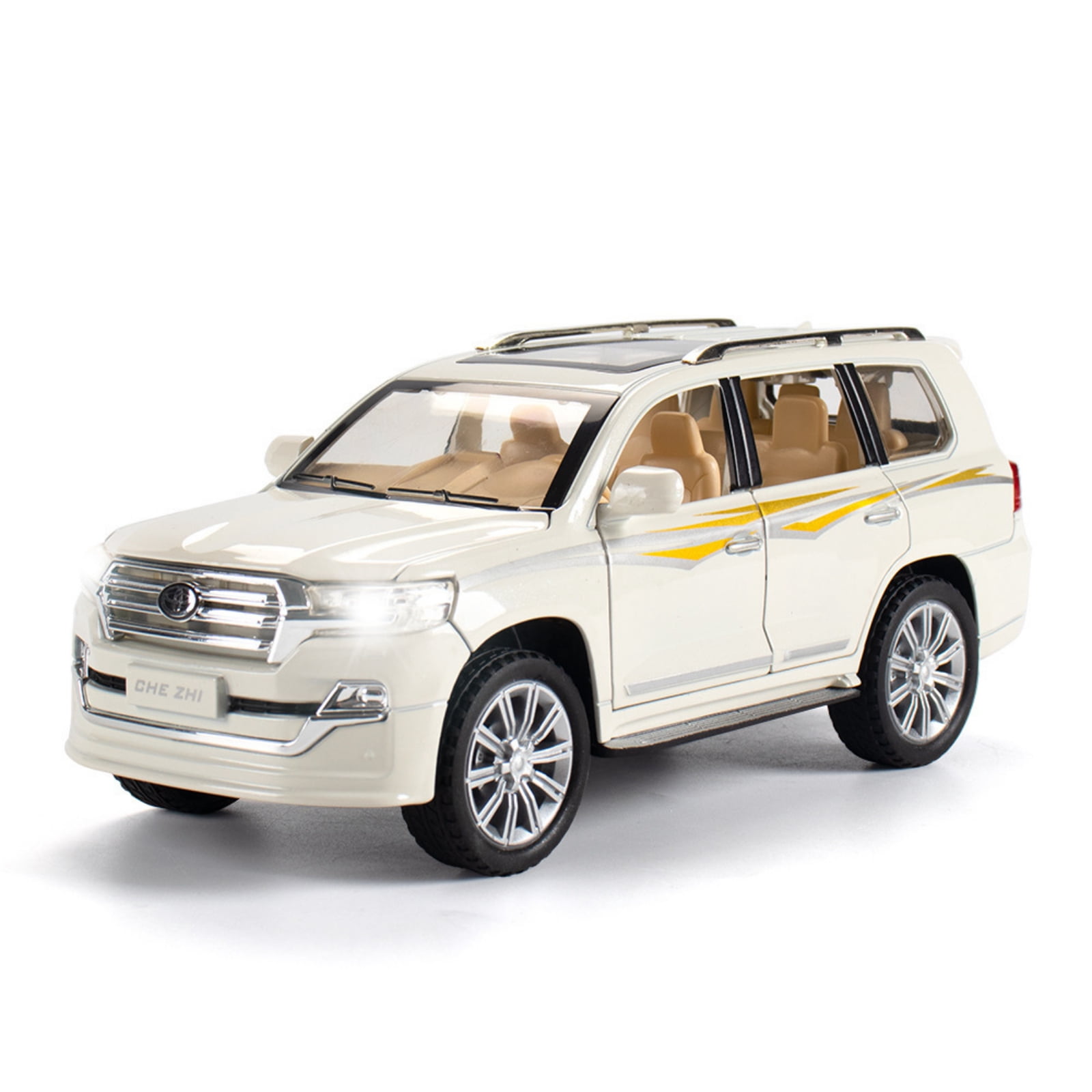 Chezhi Model 1:24 Scale White Land Cruiser Alloy Off-Road Vehicle Model with 6 Openable Doors, Sound & Light Effects, Pull-Back Function - Zinc Alloy/Plastic/Rubber Construction, 20.5CM Length, 560g,
