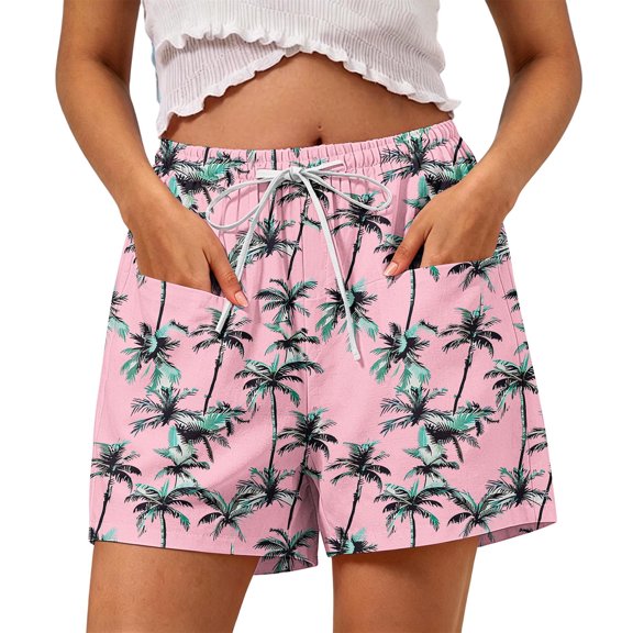 Yievot Beach Shorts for Women Graphic Print Drawstring Elastic Waist Summer Vacation Casual Shorts with Pockets
