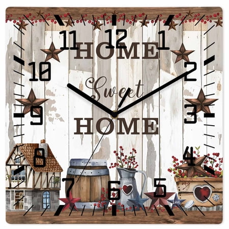 Farmhouse Wooden Wall Clock Silent Non Ticking, Retro Country Star Berry Vintage Wood Grain Square Wall Clocks Battery Operated, Decor Clock for Home Office, Living Room, Kitchen, 10 Inch