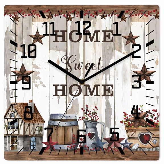Farmhouse Wooden Wall Clock Silent Non Ticking, Retro Country Star Berry Vintage Wood Grain Square Wall Clocks Battery Operated, Decor Clock for Home Office, Living Room, Kitchen, 10 Inch