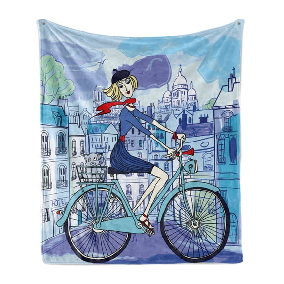 Paris Soft Flannel Fleece Throw Blanket, Young Woman French Hat and Funny Cat on Bicycle in French Street Watercolor, Cozy Plush for Indoor and Outdoor Use, 60" x 80", Multicolor, by Ambesonne