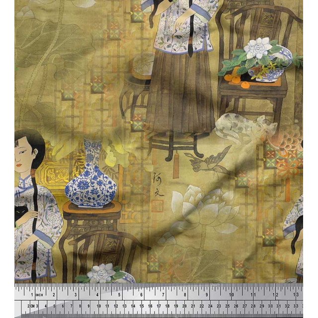 Soimoi Poly Georgette Fabric Flower Vase,Cat & Girl Human Figure Decor Fabric Printed Yard 52 Inch Wide