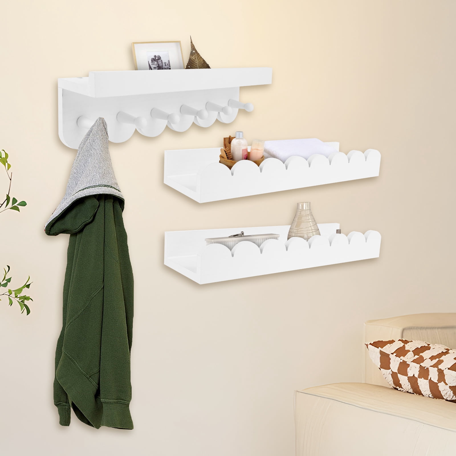 3Pcs Scalloped Wood Wall Storage Shelf Versatile Strong Load Bearing Wood Floating Wall Shelf for Nursery Living Room Toddler Room