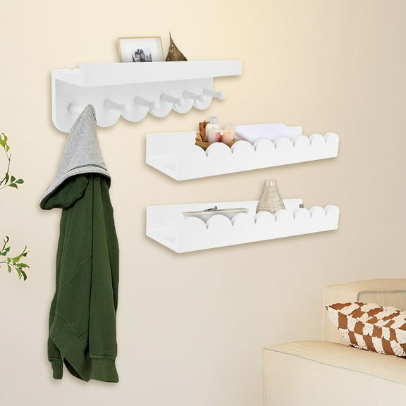 LINFANG 3Pcs Scalloped Wood Wall Storage Shelf Versatile Strong Load Bearing Wood Floating Wall Shelf for Nursery Living Room Toddler Room