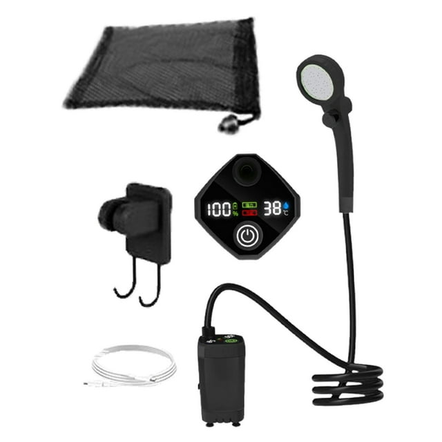 Accesorio de ducha portátil, potente, compacto, silencioso, pantalla digital, ducha de camping versátil para bañar , regar y viajar. Negro