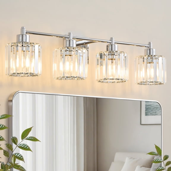 Deyidn Modern 4-Light Bathroom Vanity Light with Crystal Shades, 31 Inch Chrome Dimmable Light Fixture for Mirror