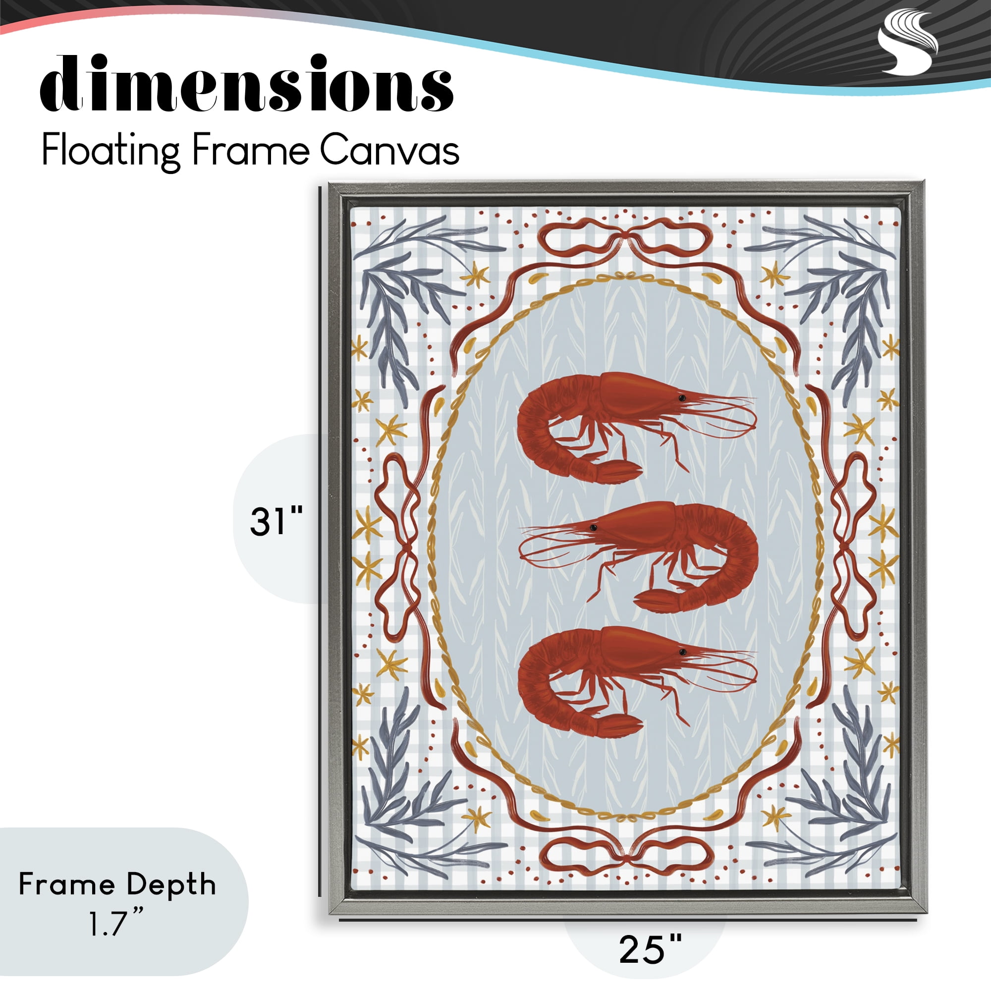 Stupell Industries Three Red Prawns on Gingham Gray Framed Floater Canvas Wall Art, design by Vero Illustrates