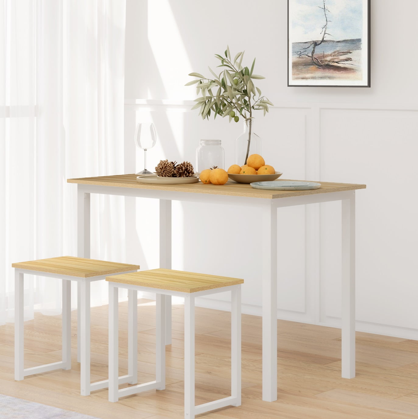 FITUEYES 3 Piece Dining Table Set with 2 Stools White