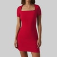 thumbnail image 2 of JIANJIA Summer Dresses for Women Solid Color Sexy Square Collar Short Sleeve Slim Tight Mini Bodycon Dress Activewear,Red,M, 2 of 5