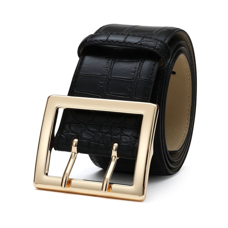 Women Leather Wide Fashion Thick Dress Belt With Gold Buckle Belt Black Gold Buy Elegant Womens Black Gold Belt Dress Italian Buckle 2.0  main image 3