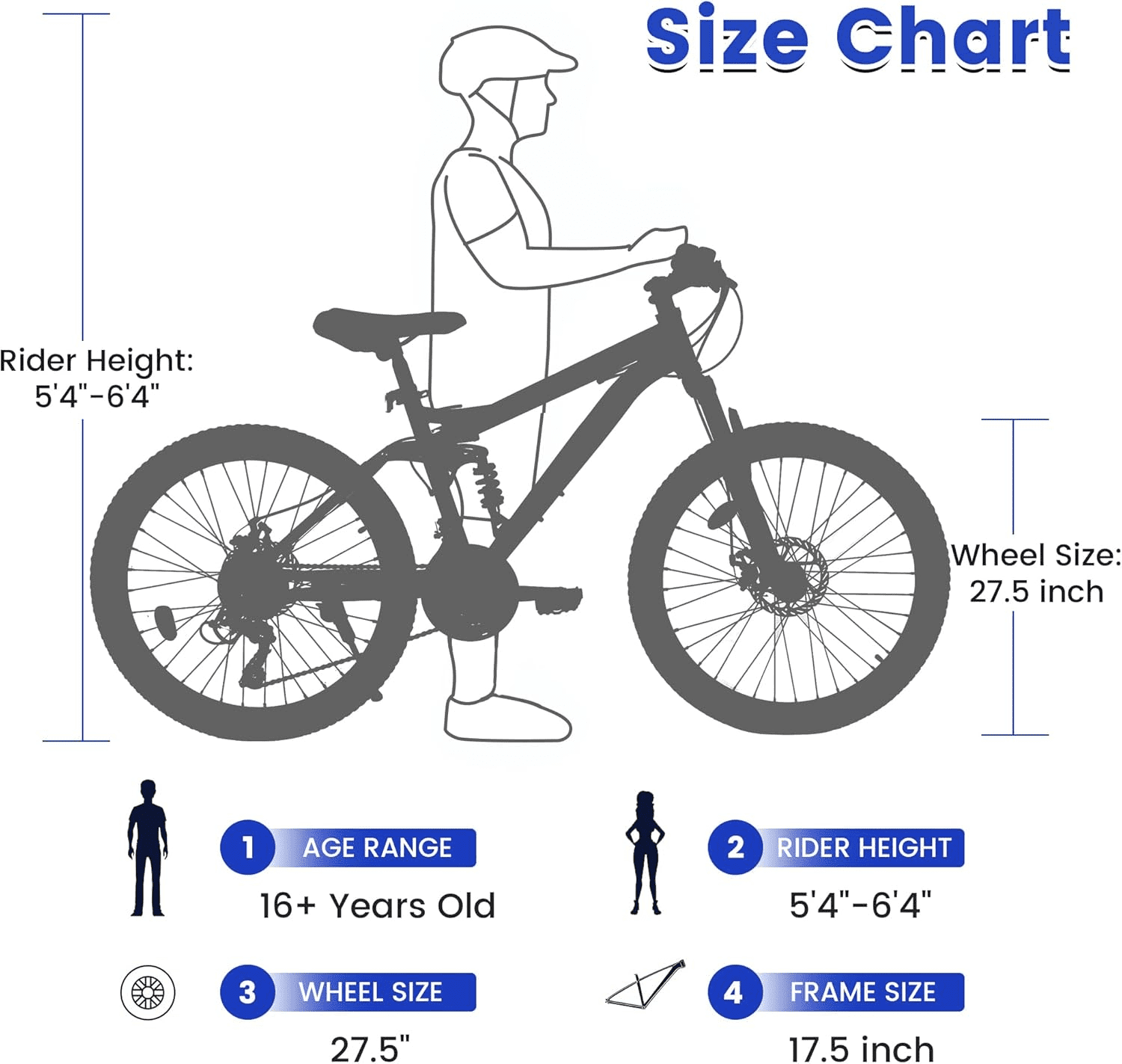 ESRIDOM 27.5" Mountain Bike for Adults, 21 Speed Full Suspension MTB, Dual Disc Brakes, High Carbon Steel Frame, 85% Pre-Assembled, for Men & Women