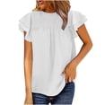 thumbnail image 2 of EGNMCR T-Shirts pour Femmes Femmes Décontracté Chiffon Col Rond Couleur Unie Chandail à Enfiler Laçage Manches à Volants Blouse T-shirt Hauts, 2 of 6