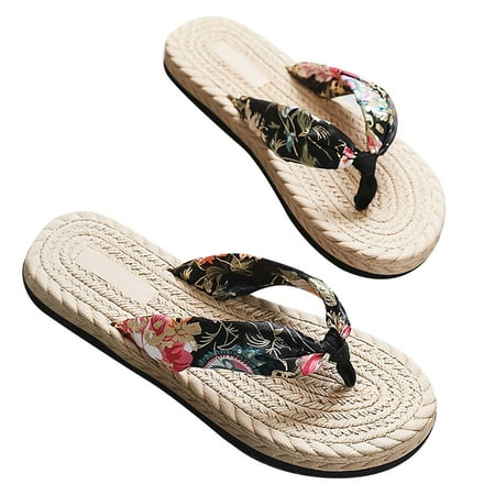 

Wandatree Satin Cloth Slippers for Women Bohemian Style Straw Sole Summer Flip Flops Black 7.5
