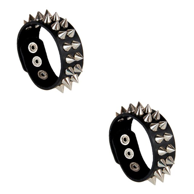 Minnieouse Pulseras con remaches góticos anchos, brazaletes Punk duraderos, joyería de moda estirable de cuero, regalo para mujeres, hombres, Negro 2piezas