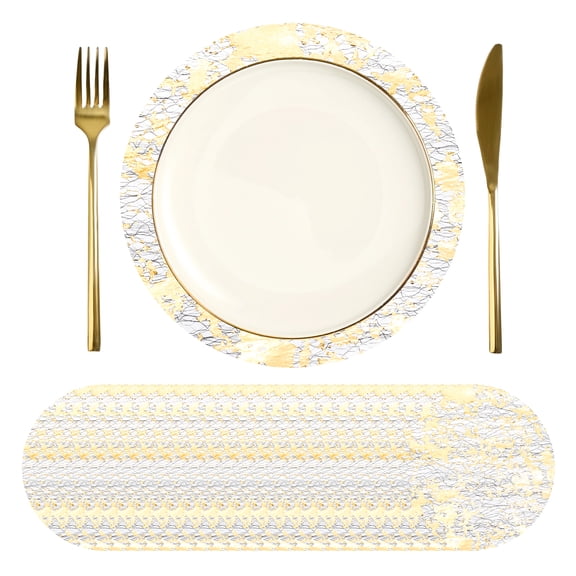 Uxcell 24Pcs Disposable Round Placemats, 3.9" Chargers Place Mats Metallic Thin Mesh Table Mates Pressed Foil Table Doilies for Dining Table Wedding Birthday Party Home Decor, Black Gold