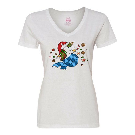 Inktastic Cute Christmas Unicorn with Cookies Women's V-Neck T-Shirt