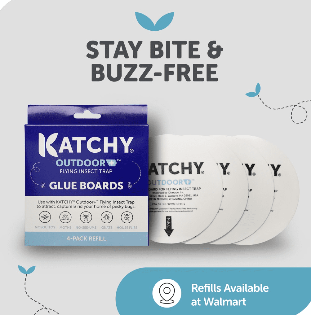 Katchy Outdoor + Glueboard Refill (4 Pack) - Glue Board Refills for Mosquito, Gnat, Moth, Fruit Flies - Non-Zapper Traps for Buzz-Free Home