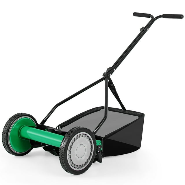 Gymax 14'' Manual Reel Mower w/ 5-Blade 6.6 Gallon Removable Grass Catcher for Garden Green