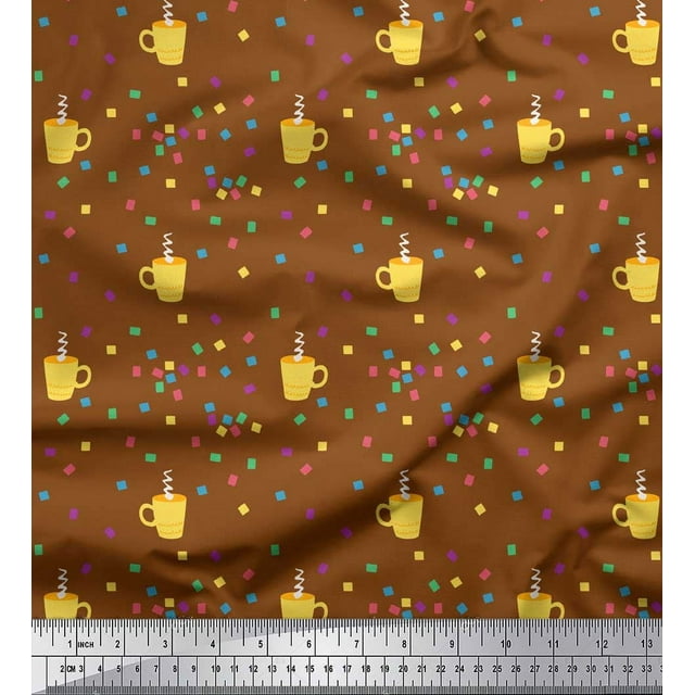 Soimoi Brown polyester Crepe Fabric Boxes & Coffee Cups Fabric Prints By Yard 42 Inch Wide