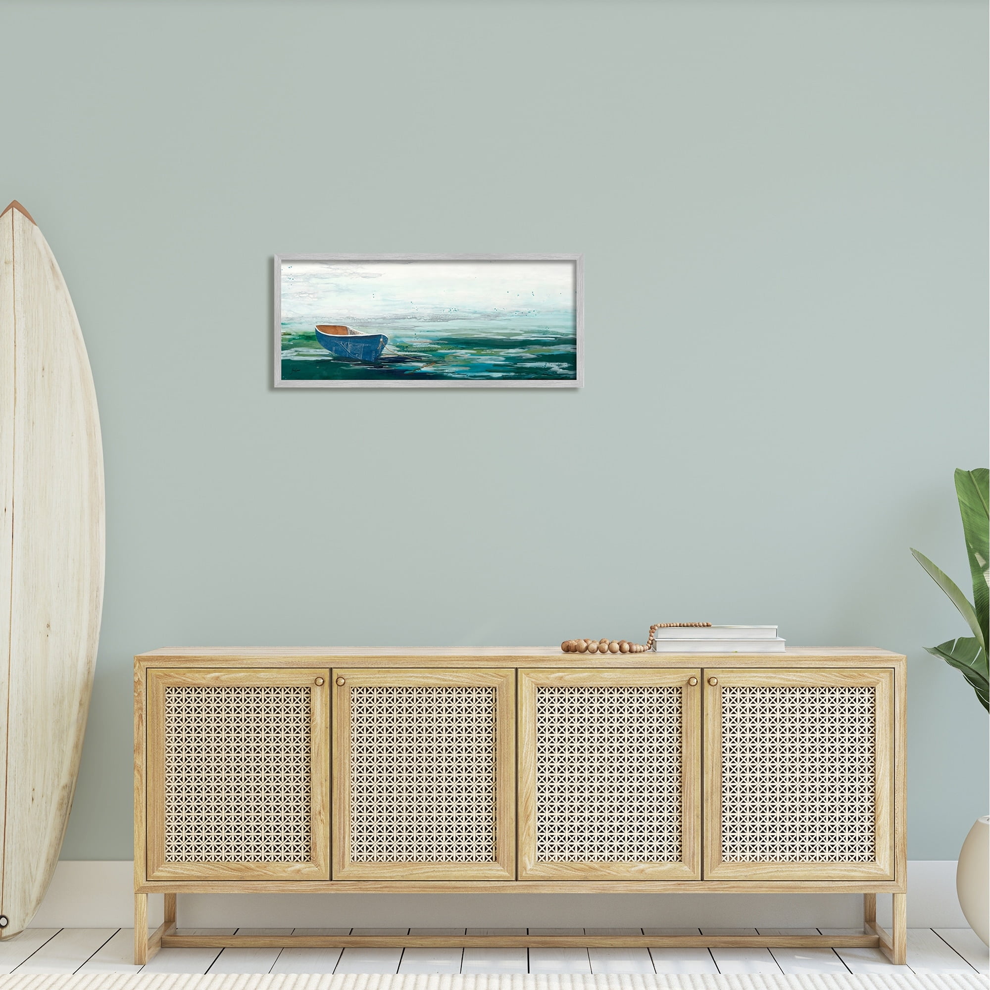 Stupell Industries Lone Dinghy Boat Floating Ocean Water Collage Painting Gray Framed Art Print Wall Art, Design by Stacy Gresell
