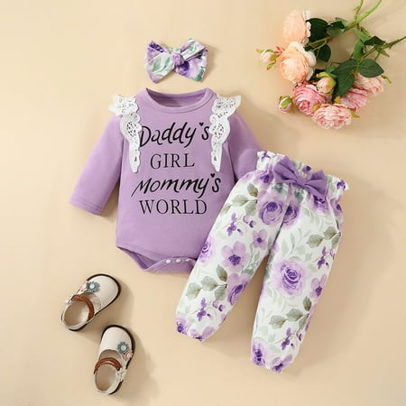 

Geire Baby Girls New 3PC Outfits Set Fall Winter Wear Cute Letter Printed Lace Ruffled Button Rompers & Flower Printed Elastic Waist Pants & Bow Hairband Cotton Set