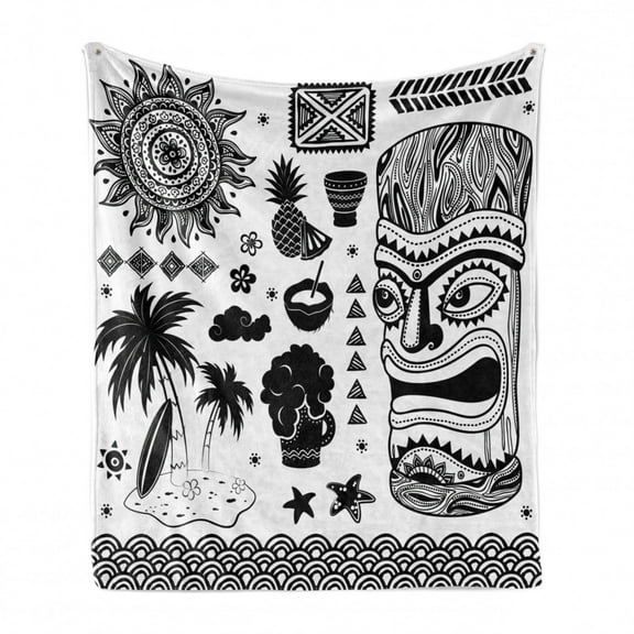 Tiki Bar Soft Flannel Fleece Throw Blanket, Composition Palms Pineapple Paradise Vintage, Cozy Plush for Indoor and Outdoor Use, 50" x 70", Black White, by Ambesonne