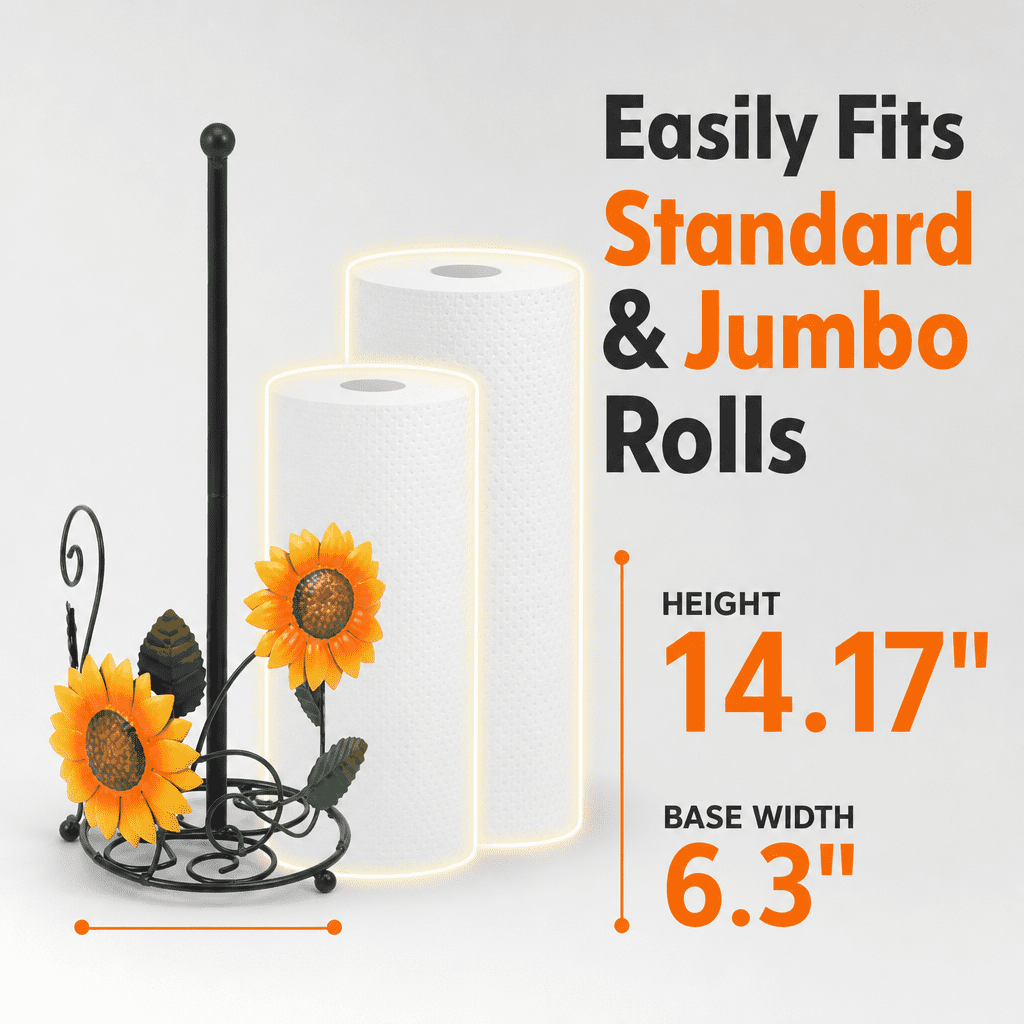 OKYMOTOR Sunflower Paper Towel Holder for Countertop, Heavy-Duty Iron with Weighted Base, Snag-Free Kitchen Decor, Fits Jumbo Rolls