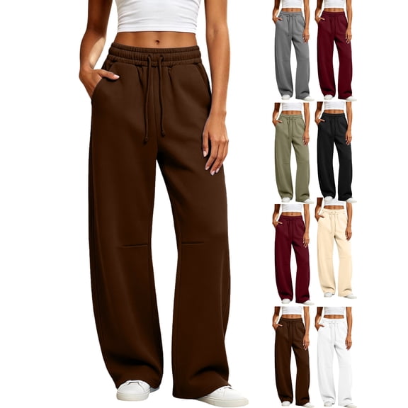 Baggy Sports Sweatpants for Women Cozy Elastic Drawstring Waist Loose Fit Solid Color Lounge Home Everyday Pants with Pockets