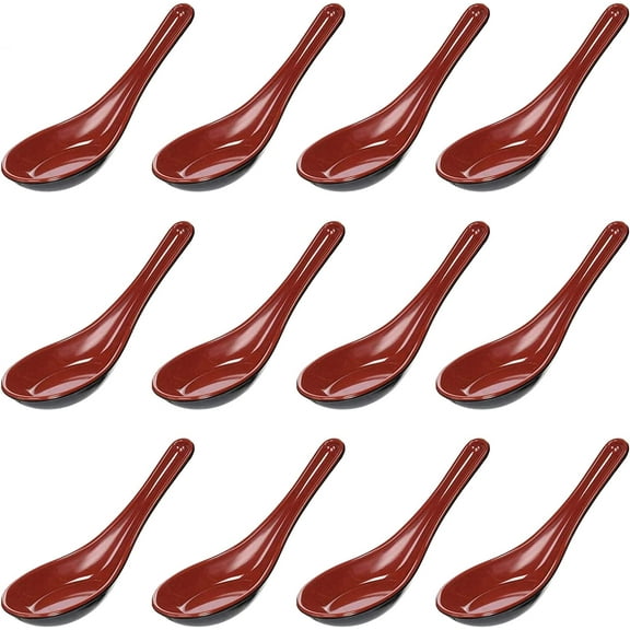 ABCISI Asian Soup Spoons 12 pieces, 12SP-RB, Japanese Soup Spoons, Soba Rice Pho Ramen Noodle Soup Spoons, Chinese Won Ton Soup Spoon (12 pcs, Red and Black)