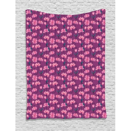 Floral Tapestry, Abstract Poppy Flowers and Blossoming Buds in Pink Shades of Colorful Print, Wall Hanging for Bedroom Living Room Dorm Decor, 40W X 60L Inches, Pink Fuchsia Green, by