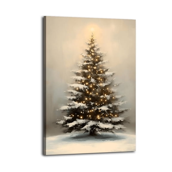 Framed Christmas Tree Canvas Wall Art, Snowy Winter Scene with Warm Lights, Modern Home Decor,Holiday Home Decor for Living Room Bedroom Farmhouse Christmas Decoration,Ready to Hang Christmas Art