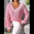 thumbnail image 4 of Suéter Holgado de Punto A Rayas de Larga para Mujer, Estilo Preppy, para Otoño e Invierno, con Cuello en V Rosa L, 4 of 10