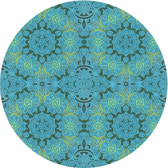 Ahgly Company Indoor Round Patterned Dark Cyan Green Area Rugs, 8' Round