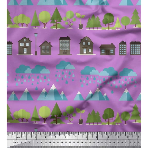 Soimoi Silk Fabric Tree,House & Raindrop Nature Printed Fabric 1 Yard 42 Inch Wide