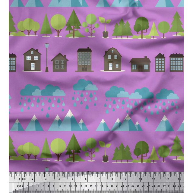 Soimoi Modal Satin Fabric Tree,House & Raindrop Nature Decor Fabric Printed Yard 42 Inch Wide