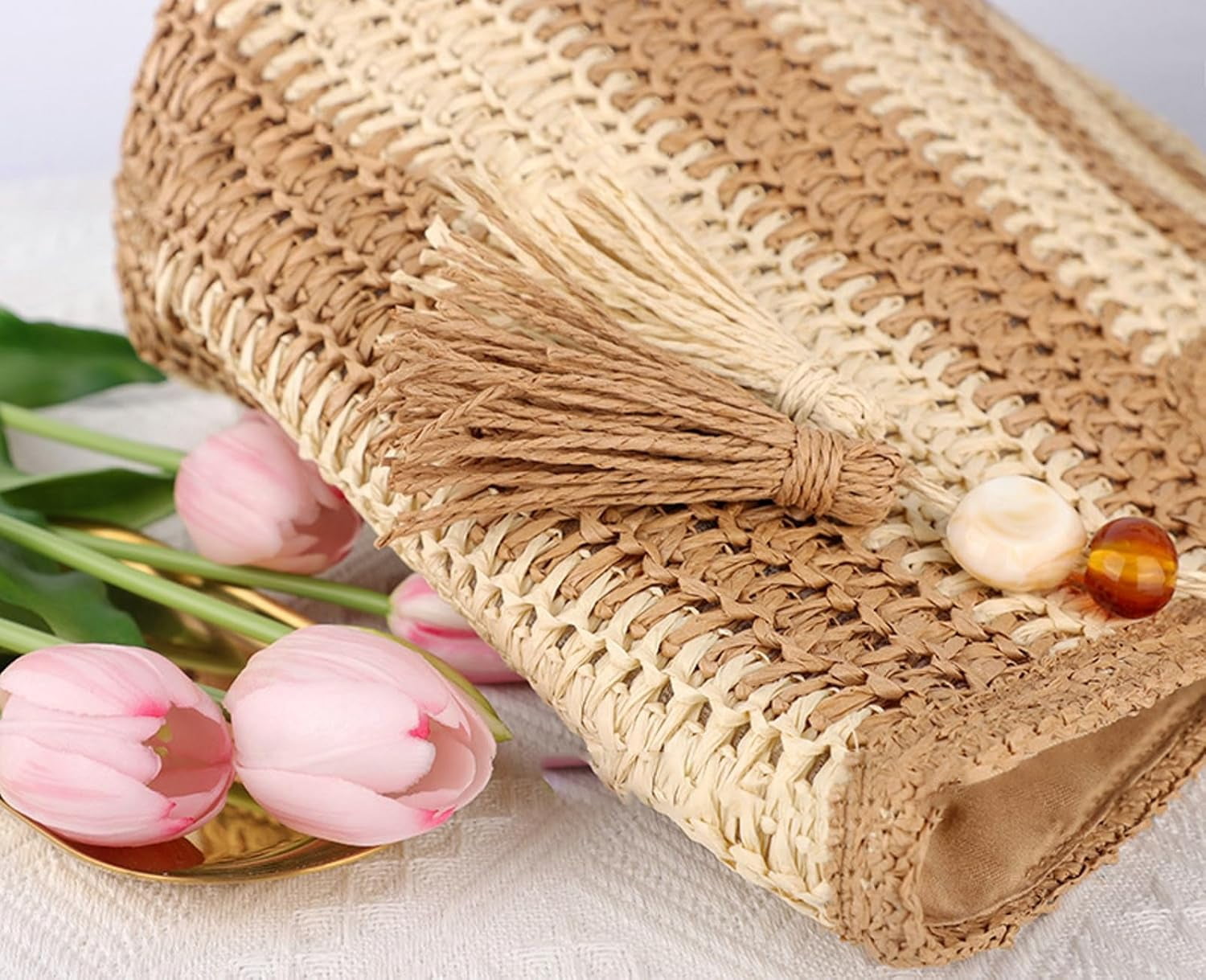 CoCoMangos Shoulder Bag Women Beach Tote Bag Ladies Straw Purses Handbags Summer Crochet Hand Woven Stripe