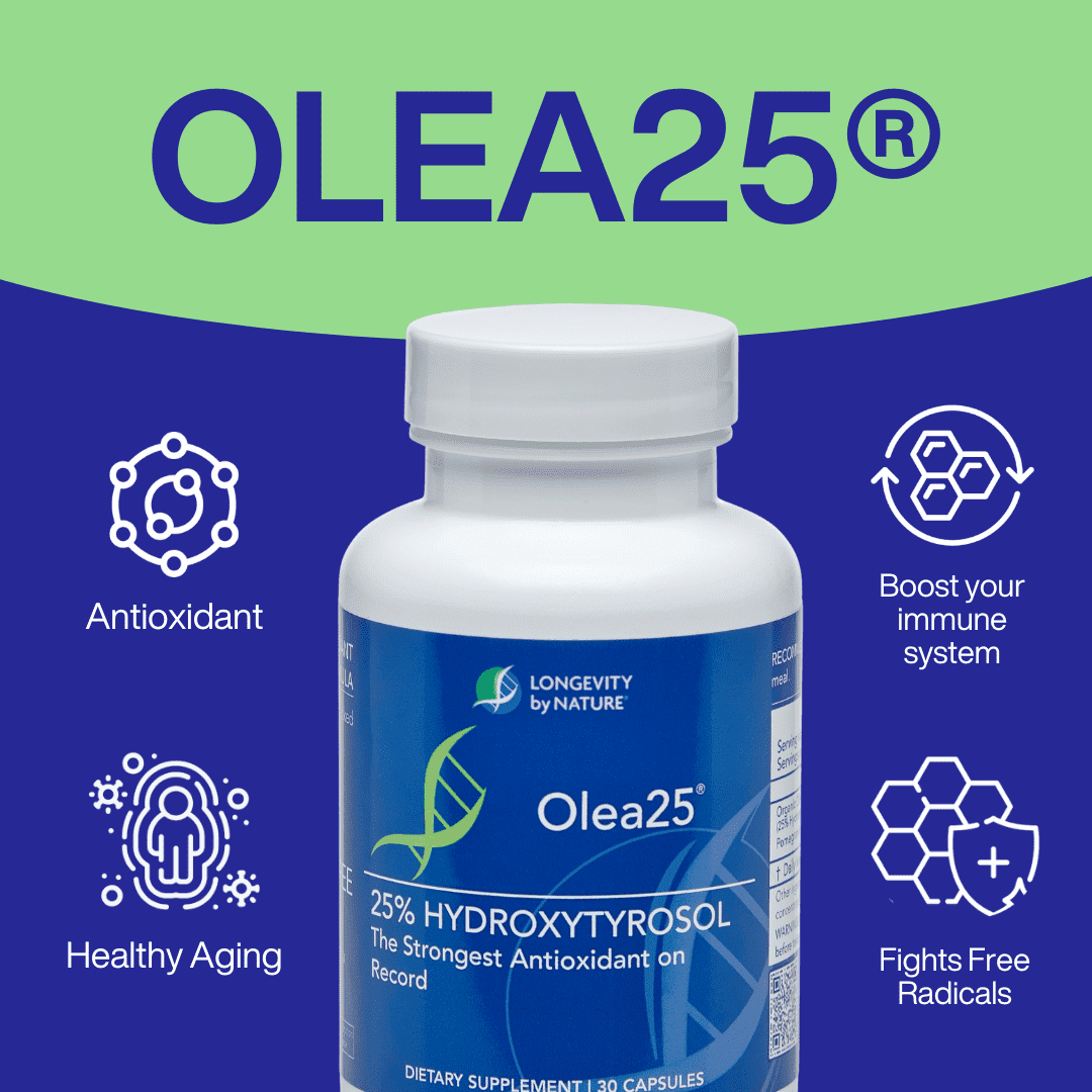 Longevity by Nature olive leaf extract capsules, Olea25 Hydroxytyrosol Organic Olive Leaf Extract, 30 Capsules