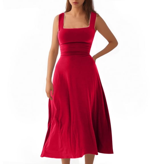 UYISJ Womens Maxi Dress Square Neck Sleeveless Tank Dress Spaghetti Tie Back Dress Slim Fit Elegant Solid Color Swing Soft Comfy Long Dress Red L