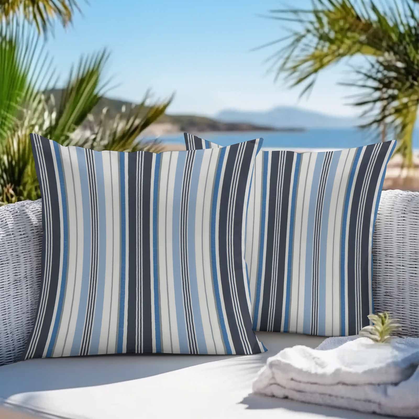 Vintage Stripes Outdoor Pillow Covers Set of 2 Blue Black Striped Abstract Lines Waterproof Throw Pillow Case Decorative Square Cushion Cover for Patio Couch Garden Balcony, 16"x16"