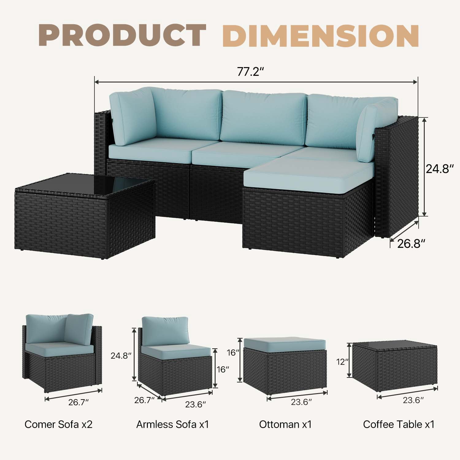 BaPiPro Modular Outdoor Wicker Patio Furniture Set with Tempered Glass Coffee Table & Removable All-Weather Cushions for Backyard, Poolside & Balcony Light Blue