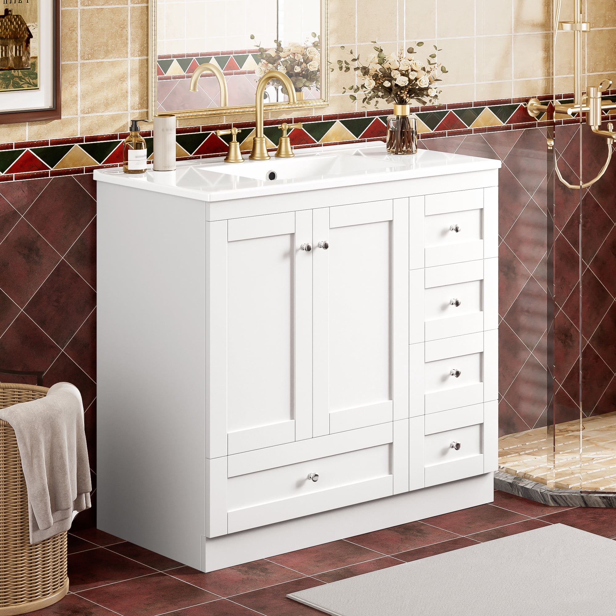 Shaker Style Bathroom Vanity with Ceramic Sink, 4 Soft Close Drawers and 2 Doors, 36" White for Ample Storage