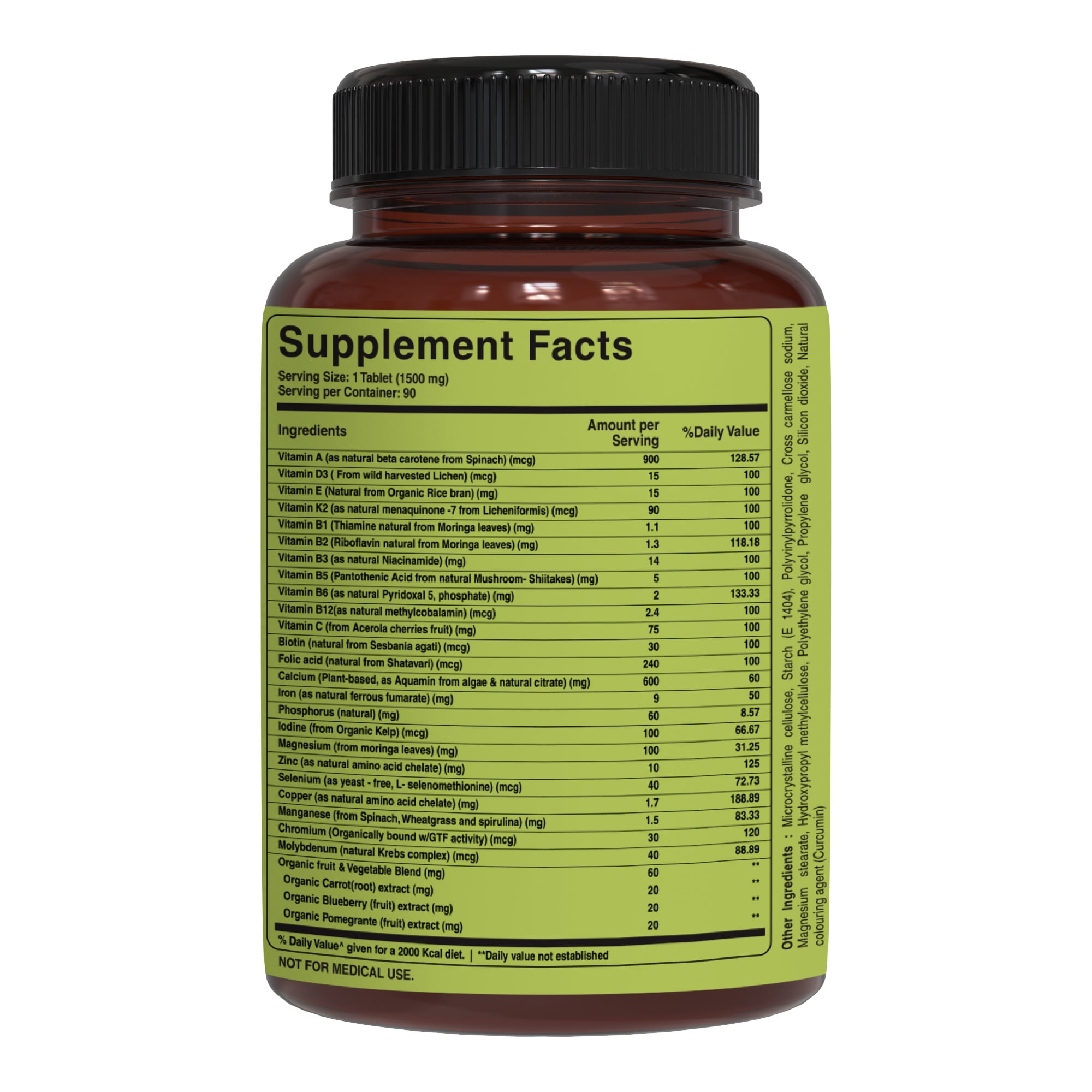 Pure Nutrition Whole Food Multivitamins For Women 1500mg. All Natural Plant-Based Multivitamin - VEGAN | NON GMO | ONCE DAILY | 90 TABLETS - 3 Months Supply