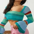 thumbnail image 3 of Women Fall Winter Crochet Knit Mesh Sweater Off Shoulder Long Sleeve Pullover Crop Tops Ribbed Blouse Tops, 3 of 6