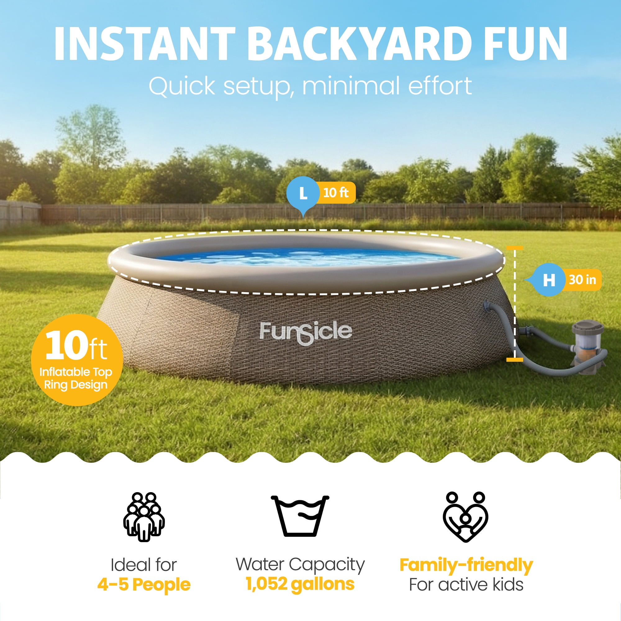 Funsicle Quickset 10’ x 30” Round Inflatable Top Ring Above Ground Swimming Pool Set