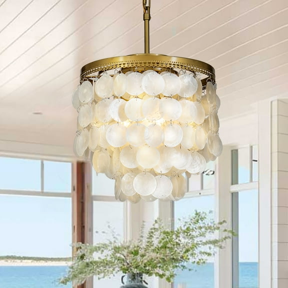ALOADECOR 3-Lights Tiered Brass Chandelier with Seashell Coastal Lighting Ceiling